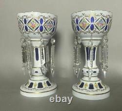 Pair Of Bohemian Cobalt Cut Back Cased Art Glass Mantel Lusters With Prisms