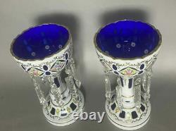 Pair Of Bohemian Cobalt Cut Back Cased Art Glass Mantel Lusters With Prisms