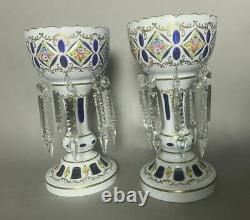 Pair Of Bohemian Cobalt Cut Back Cased Art Glass Mantel Lusters With Prisms