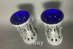 Pair Of Bohemian Cobalt Cut Back Cased Art Glass Mantel Lusters With Prisms