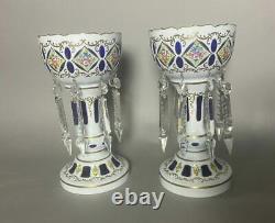 Pair Of Bohemian Cobalt Cut Back Cased Art Glass Mantel Lusters With Prisms