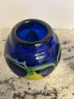 Pair Of Murano Vases With floral pattern in blue and yellow hand blown glass