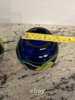 Pair Of Murano Vases With floral pattern in blue and yellow hand blown glass