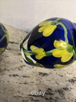 Pair Of Murano Vases With floral pattern in blue and yellow hand blown glass