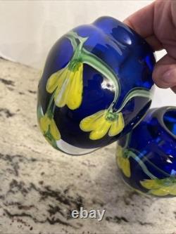 Pair Of Murano Vases With floral pattern in blue and yellow hand blown glass