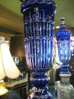 Pair Of Stunning Cobalt Cut-to-clear Bohemian Crystal Vases With Lids 56 High