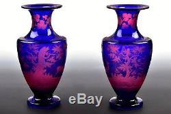 Pair Signed Antique New England Glass Co Cobalt Engraved to Cranberry Cut Vases