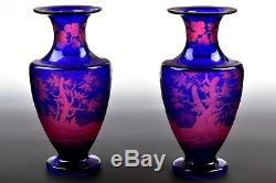 Pair Signed Antique New England Glass Co Cobalt Engraved to Cranberry Cut Vases