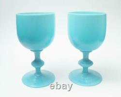 Pair Vallerysthal Portieux French Blue Opaline Glass Water Wine Goblets France