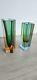 Pair Vintage Flavio Poli Green Sommerso Hexagon Square Glass Vase Italy Murano
