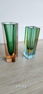 Pair Vintage Flavio Poli Green Sommerso Hexagon Square Glass Vase Italy Murano