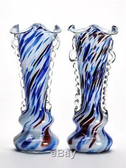 Pair Vintage Murano End Of Day Overlay Glass Vases C. 1960