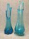 Pair mid century vintage swung stretched blue glass vases Smith footed