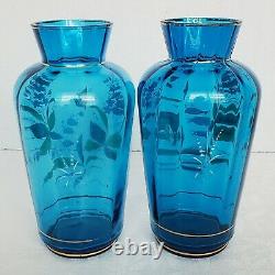 Pair of Antique Bohemian Moser/Harrach Enamel Butterfly Art Glass Vases 8-1/8