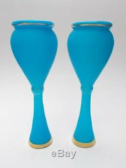 Pair of Antique French Baccarat Blue Gilt Opaline Glass Vases circa 1860 France