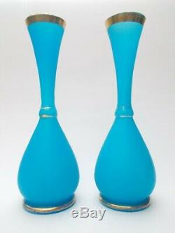 Pair of Antique French Blue Gilt Opaline Glass Vases circa 1880 France Baccarat