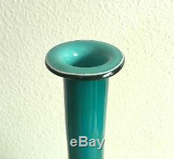 Pair of Large Empoli Teal Turquoise Cased Glass Vases, 1960s Italy Vintage 19.5