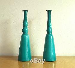 Pair of Large Empoli Teal Turquoise Cased Glass Vases, 1960s Italy Vintage 19.5