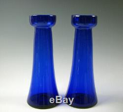 Pair of Medium Blue Free or Hand Blown Hyacinth Vases Pontiled Antique 19th C