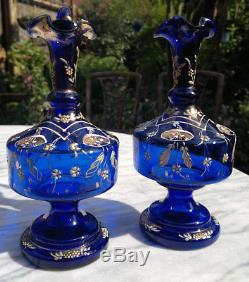 Pair of Victorian Cobalt Blue Glass Ewer Vases Hand Enamelled 7.5 Tall