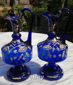 Pair of Victorian Cobalt Blue Glass Ewer Vases Hand Enamelled 7.5 Tall