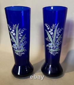 Pair of Vintage Cobalt Blue Floral Decorated 9.25 Art Glass Vases