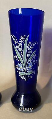 Pair of Vintage Cobalt Blue Floral Decorated 9.25 Art Glass Vases