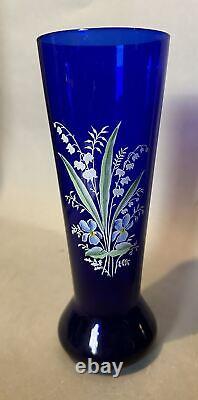 Pair of Vintage Cobalt Blue Floral Decorated 9.25 Art Glass Vases