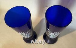 Pair of Vintage Cobalt Blue Floral Decorated 9.25 Art Glass Vases