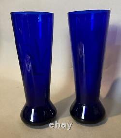 Pair of Vintage Cobalt Blue Floral Decorated 9.25 Art Glass Vases