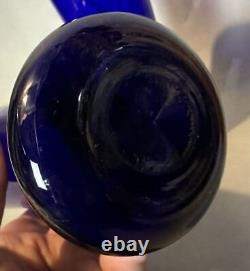 Pair of Vintage Cobalt Blue Floral Decorated 9.25 Art Glass Vases