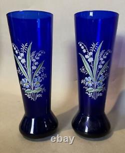 Pair of Vintage Cobalt Blue Floral Decorated 9.25 Art Glass Vases