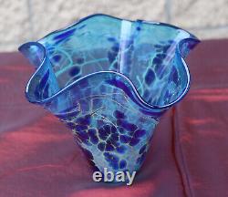 Paul Bendzunas Studio Hand Blown Art Glass Blue Handkerchief Vase Bowl 7 Tall