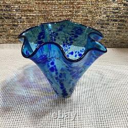 Paul Bendzunas Studio Hand Blown Art Glass Blue Handkerchief Vase Bowl 7 Tall