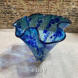 Paul Bendzunas Studio Hand Blown Art Glass Blue Handkerchief Vase Bowl 7 Tall