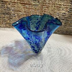 Paul Bendzunas Studio Hand Blown Art Glass Blue Handkerchief Vase Bowl 7 Tall