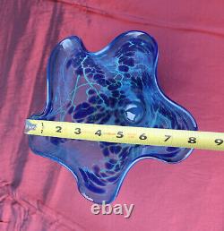 Paul Bendzunas Studio Hand Blown Art Glass Blue Handkerchief Vase Bowl 7 Tall