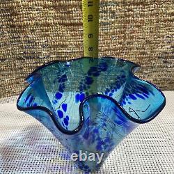 Paul Bendzunas Studio Hand Blown Art Glass Blue Handkerchief Vase Bowl 7 Tall