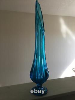Peacock Blue Simplicity 1960s Stretch Swung Glass Floor Vase L. E. Smith 20-3/8