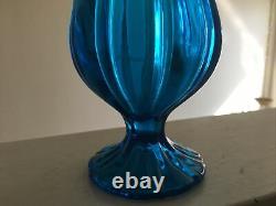 Peacock Blue Simplicity 1960s Stretch Swung Glass Floor Vase L. E. Smith 20-3/8