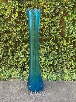 Peacock blue stretch vase diamond pattern bottom art glass