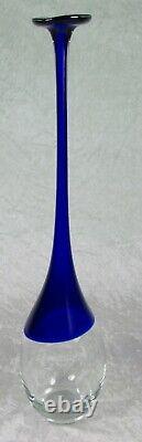 Pencil Neck Art Glass Cobalt Blue Clear Glass Vase 16-1/2 inches Tall