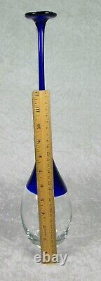 Pencil Neck Art Glass Cobalt Blue Clear Glass Vase 16-1/2 inches Tall