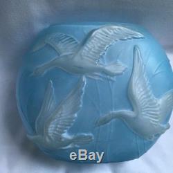 Phoenix Consolidated Glass Vase, Geese Flying Medium Blue, 1930's Pillow Shape