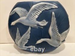 Phoenix Glass Pillow Vase Blue White Geese Swans Flying High Relief