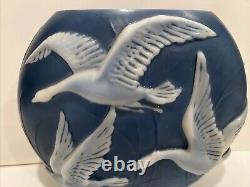 Phoenix Glass Pillow Vase Blue White Geese Swans Flying High Relief