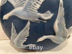 Phoenix Glass Pillow Vase Blue White Geese Swans Flying High Relief