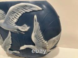 Phoenix Glass Pillow Vase Blue White Geese Swans Flying High Relief