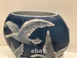 Phoenix Glass Pillow Vase Blue White Geese Swans Flying High Relief