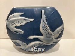 Phoenix Glass Pillow Vase Blue White Geese Swans Flying High Relief